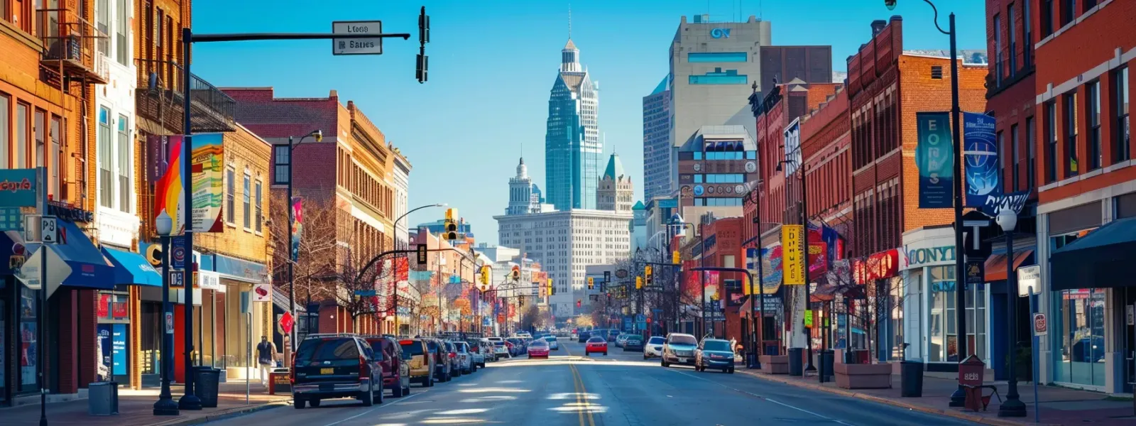 a bold, vibrant street scene in indianapolis showcases diverse signage, highlighting the city's unique regulatory landscape against a clear blue sky, inviting viewers to explore the interplay of urban art and municipal guidelines.