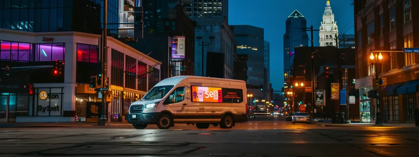 a sleek, modern sign installation vehicle parked against the vibrant backdrop of downtown indianapolis, showcasing the professionalism and precision of a top-tier sign installation company.