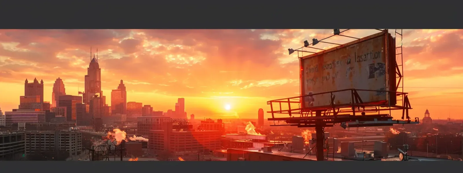 a striking scene of a skilled technician meticulously installing a vibrant, custom sign against the backdrop of a bustling indianapolis skyline at sunset, casting warm, golden light that highlights the craftsmanship and creativity of the installation.