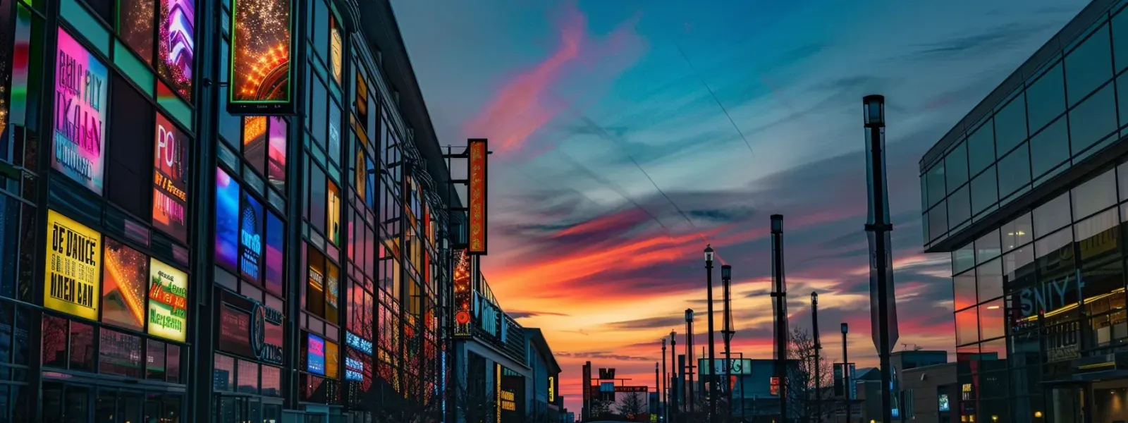 a vibrant and modern outdoor display of custom business signage, prominently showcasing various designs and colors against the backdrop of an urban indiana landscape during golden hour.