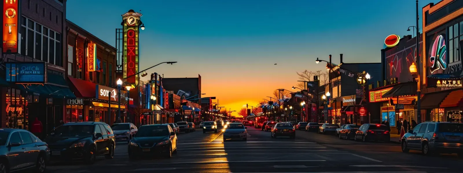 a vibrant, bustling indiana street adorned with eye-catching commercial signage, showcasing the diverse opportunities for businesses while illuminated by warm, inviting golden hour lighting.