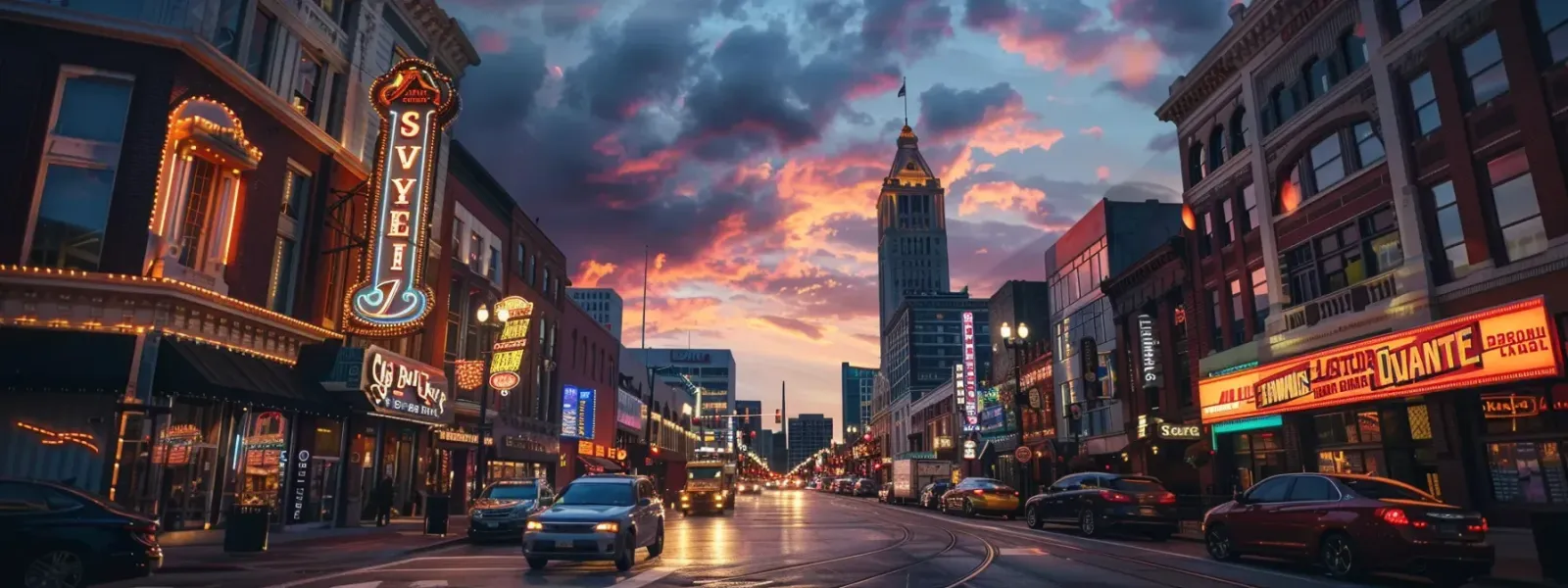 a vibrant cityscape of indianapolis showcases a diverse range of professionally installed signs against a backdrop of iconic architecture, illuminated by the warm glow of sunset that highlights the intricate details and textures of each sign.