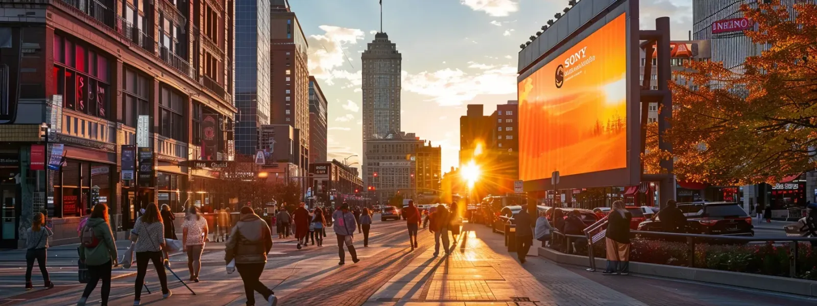 a vibrant street scene in indianapolis showcasing a professional team expertly installing a large, eye-catching sign against an urban backdrop, illuminated by the warm glow of golden hour light.