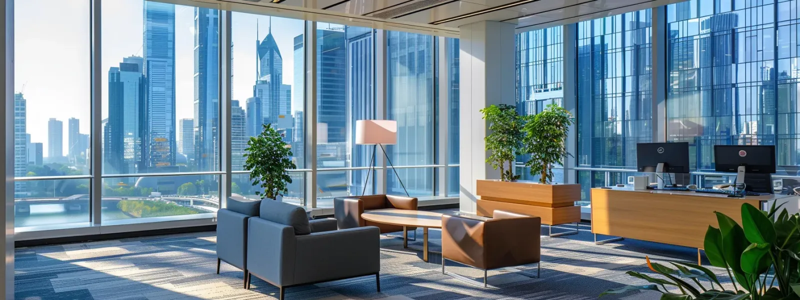 a contemporary office space showcasing a strategically placed vibrant sign that draws immediate attention, with the bustling city skyline visible through large windows, symbolizing the crucial impact of sign placement on business success.