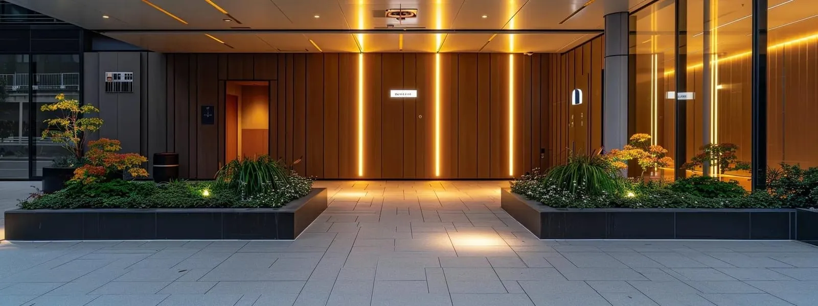 a modern, elegant entryway illuminated by sleek led fixtures and smart sensor lights enhances safety and aesthetics, featuring stylish signage that showcases a blend of functionality and contemporary design within a well-maintained urban setting.