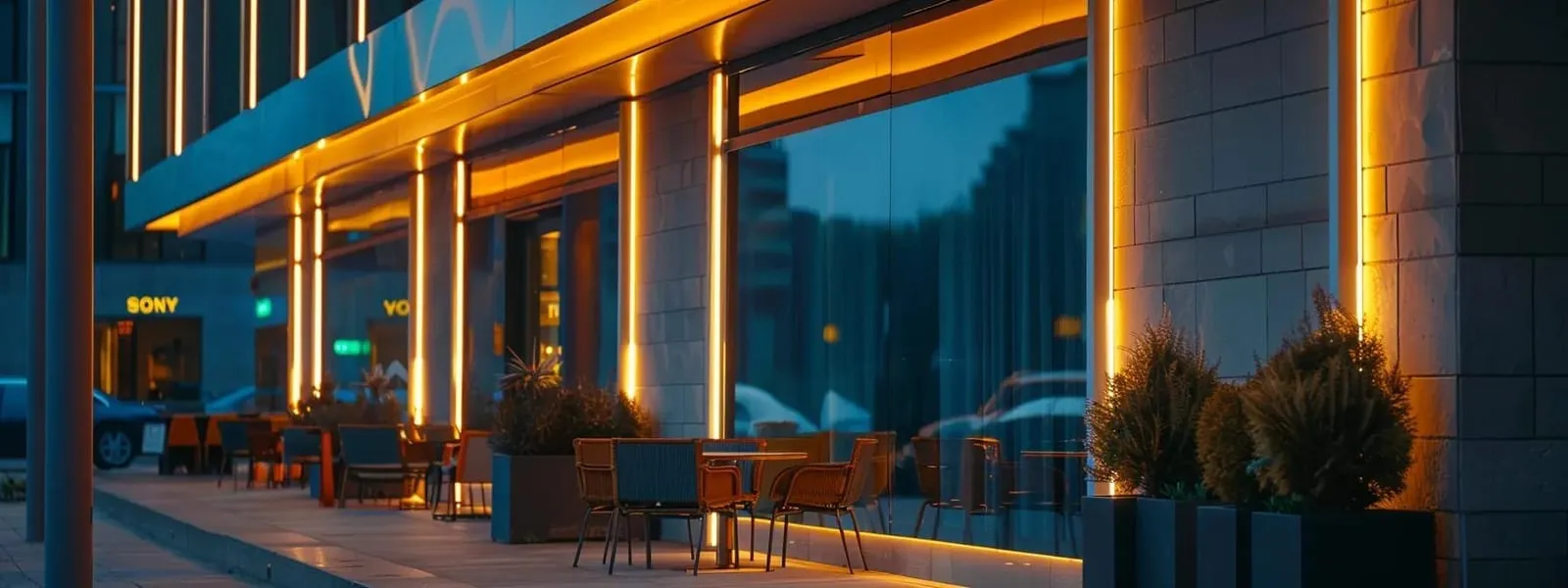 a modern exterior of a business illuminated by stylish led backlit signage and strategically placed ambient lighting, creating a harmonious and inviting aesthetic that enhances the architectural design.