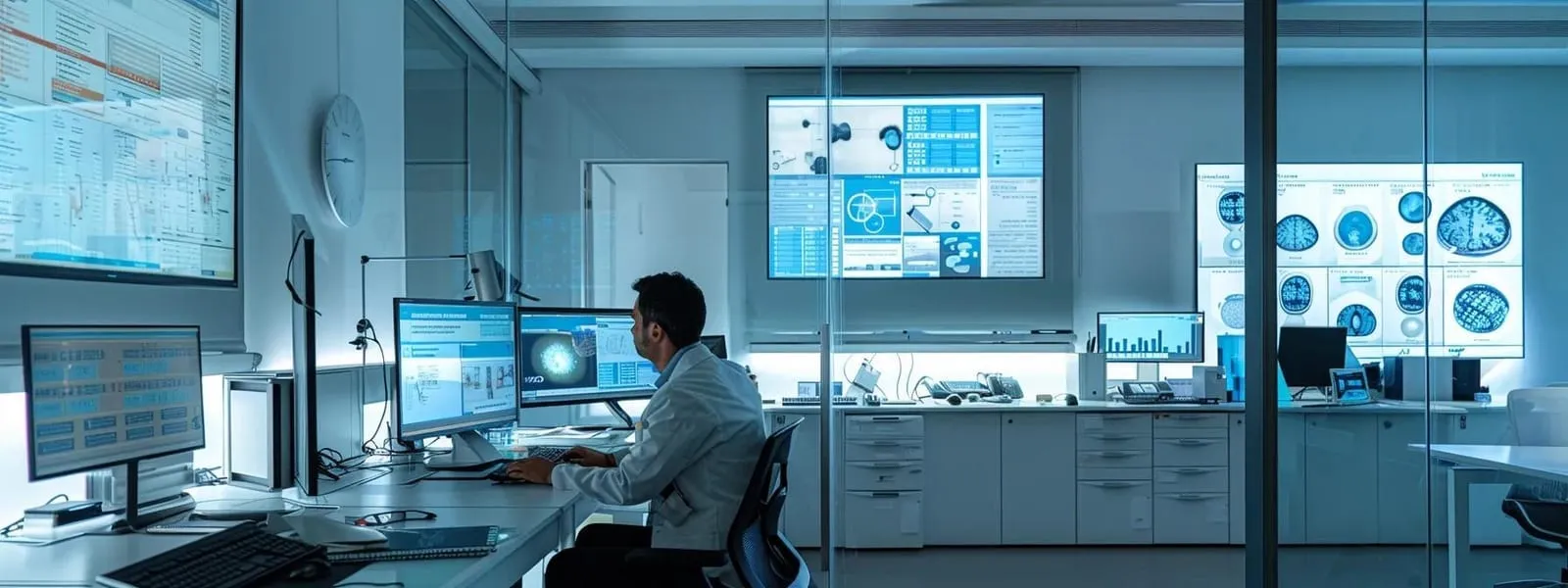 a modern office featuring high-tech diagnostic tools and a digital display showcasing lit signage assessment data, illustrating the importance of effective sign lighting for enhancing business visibility and appeal.