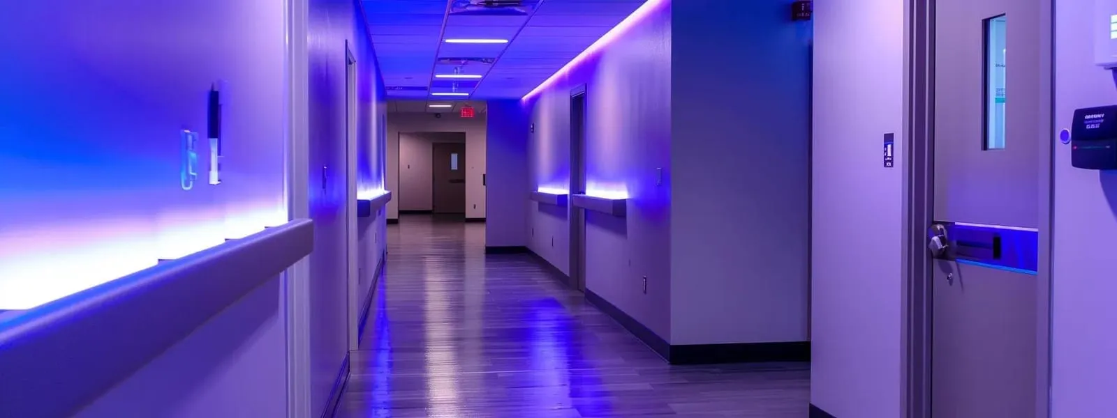 a modern office space features sensor-activated led lights illuminating a sleek hallway adorned with custom signage that designates cleaning priorities, showcasing a seamless integration of technology in enhancing cleaning efficiency and staff productivity.