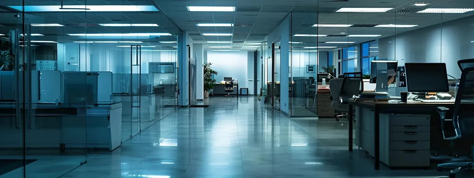 a modern office space illuminated by adjustable led smart lighting systems, showcasing clear task areas with bright, energy-efficient light that highlights meticulous cleaning efforts while integrating sleek signage for a visually cohesive environment.