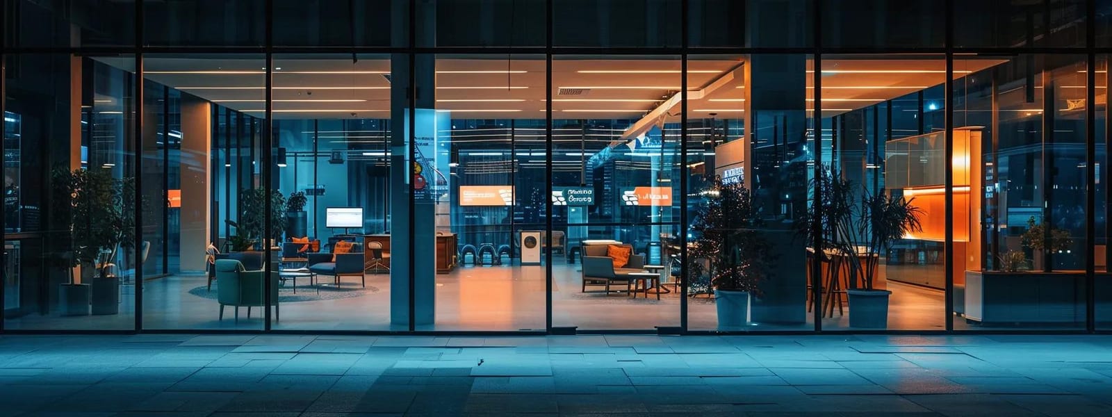 a modern office space is illuminated by vibrant led signage reflecting a crisp, clean aesthetic, showcasing a seasonal cleaning initiative while contrasting with the dynamic climate conditions visible through large urban windows.