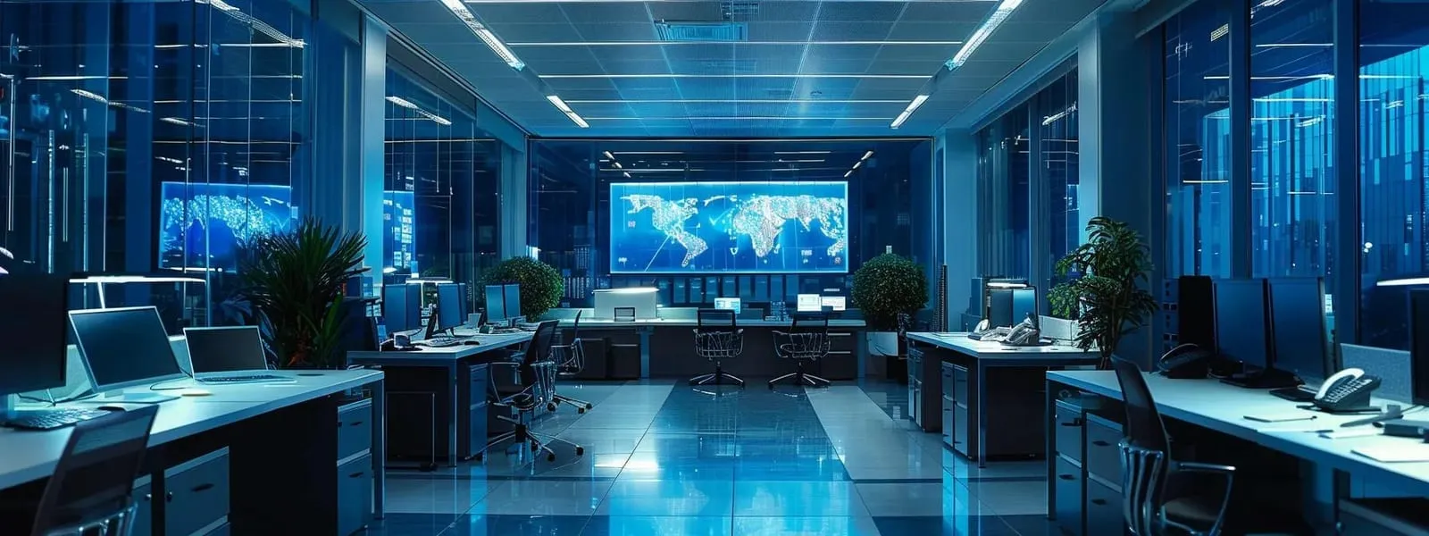 a sleek, modern office environment showcases smart lighting integrated with vibrant digital signage, illuminating cleaning schedules and highlighting designated areas, creating an efficient and organized workspace for staff.