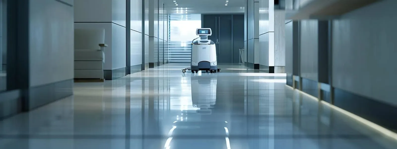 a sleek, modern office space is illuminated by smart, focused track lighting, showcasing strategically placed signage that clearly delineates cleaning zones amidst a clutter-free environment, emphasizing enhanced efficiency and safety in a commercial cleaning workflow.