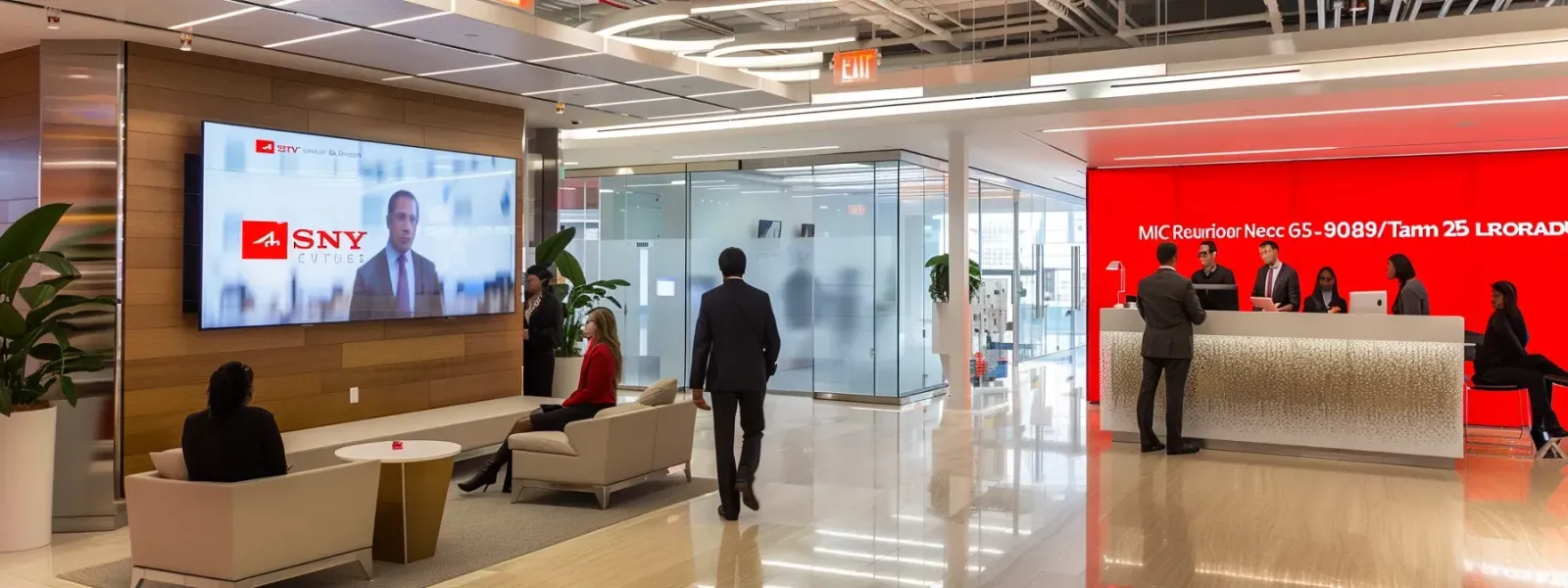 a sleek, modern office with prominent signage strategically positioned above a bustling reception area, highlighting the critical importance of visibility in business success.