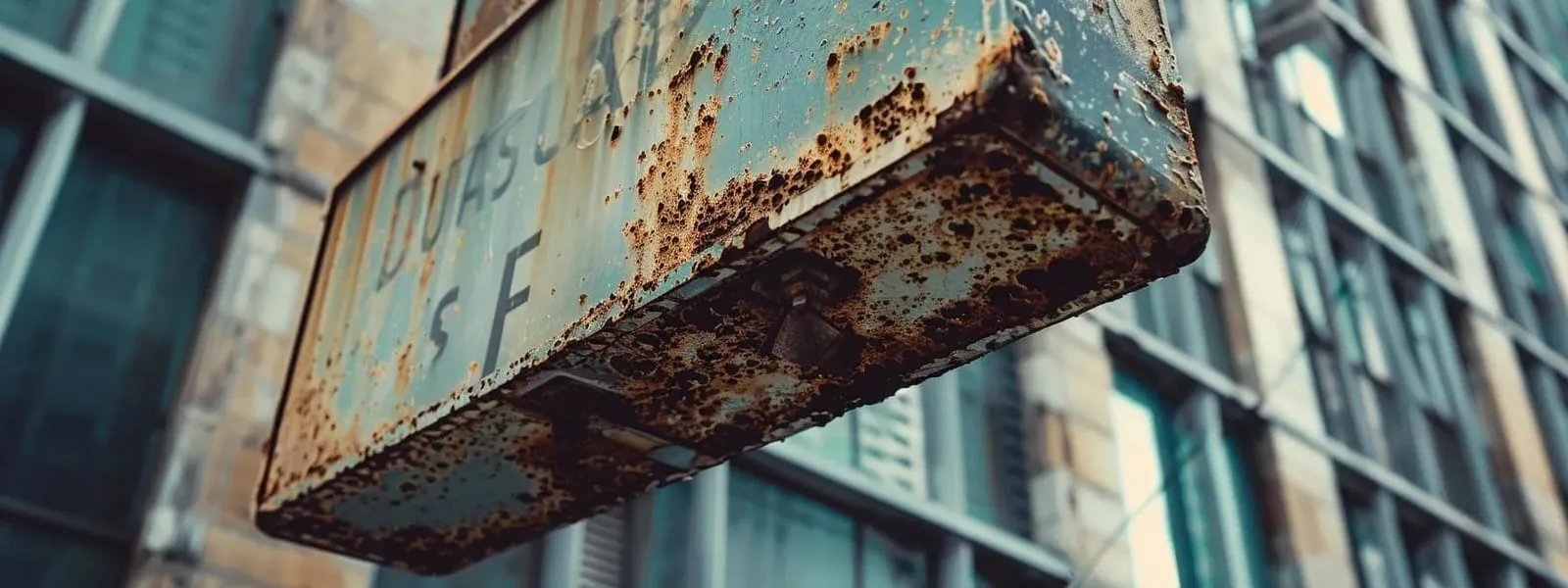 a stark, close-up shot of a dilapidated, rust-stained business sign against the backdrop of a modern urban office, emphasizing the contrast between neglect and potential financial loss.