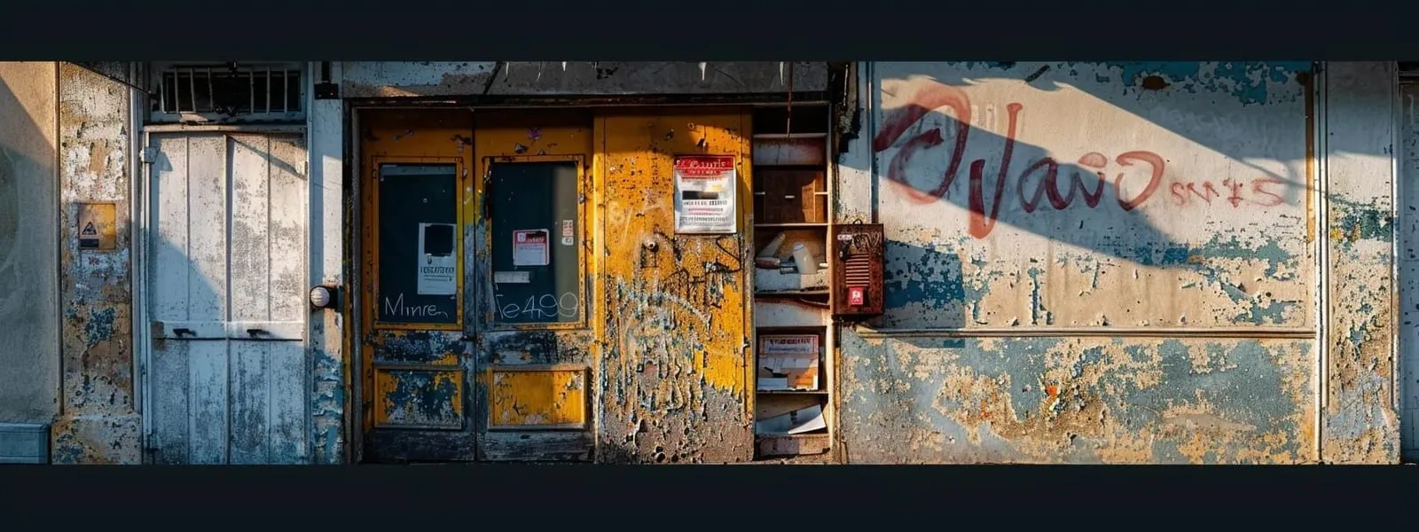 a stark urban storefront displays a prominently dirty and neglected sign, casting a shadow over the brand's professionalism and evoking disapproval from potential customers passing by.