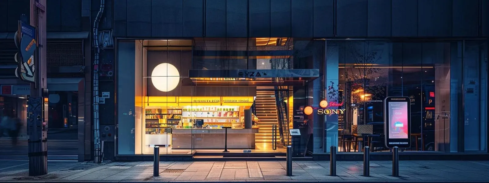 a striking urban storefront features a newly updated, illuminated business sign crafted from sleek stainless steel, standing out against a modern, busy street backdrop during twilight, emphasizing enhanced visibility and professionalism.
