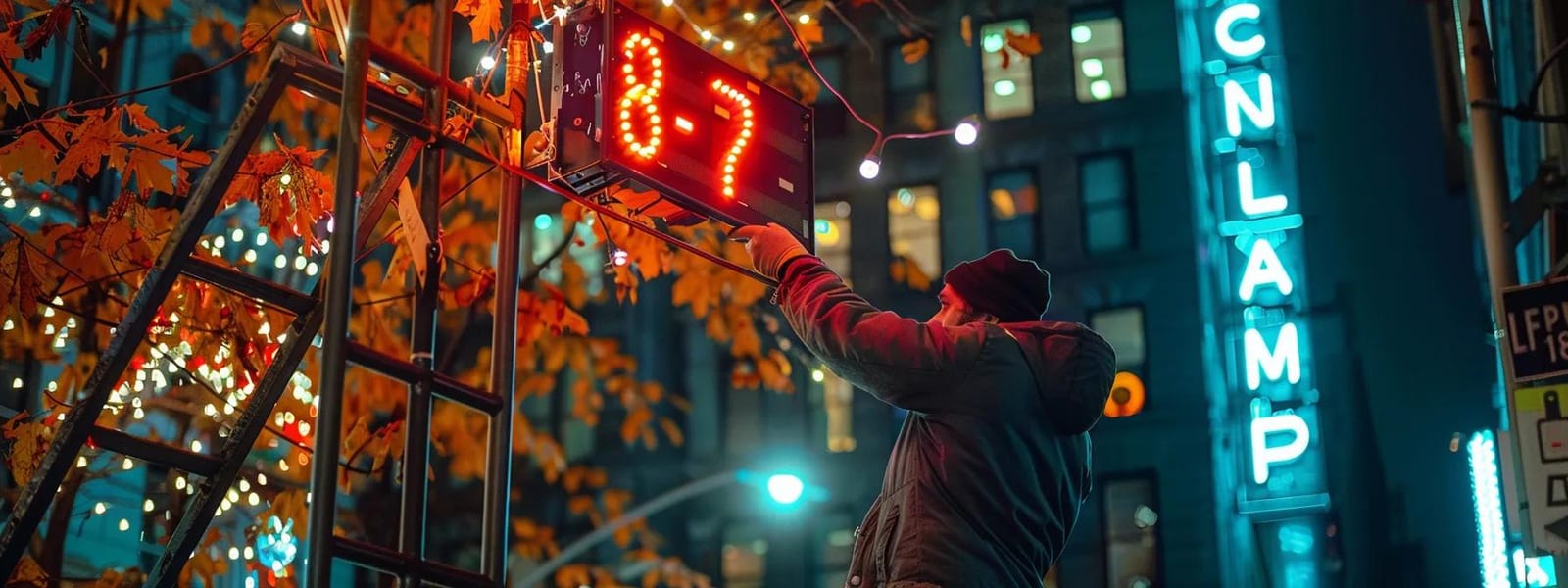 a technician examines a dimly lit outdoor sign during a lighting repair inspection, surrounded by vibrant urban nightscape illuminated by various neon lights.