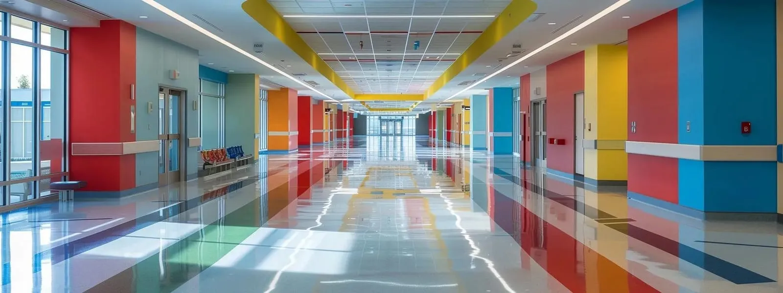 a vibrant hospital corridor is adorned with bold, custom signage in striking colors, clearly marking cleaning zones and directional paths, under bright artificial lighting that emphasizes a well-organized and efficient cleaning process.