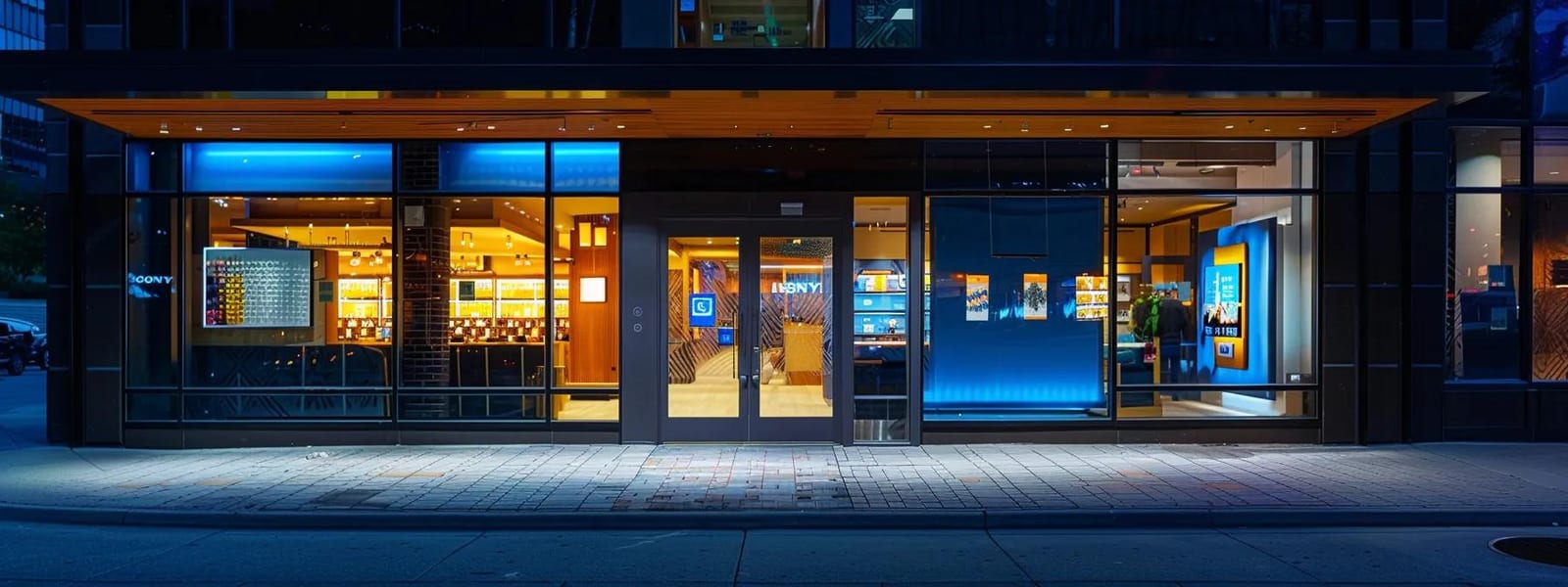 a vividly illuminated storefront showcases a freshly cleaned sign and polished lighting fixtures, emphasizing the transformation of curb appeal with vibrant colors and sharp details against a modern urban backdrop.