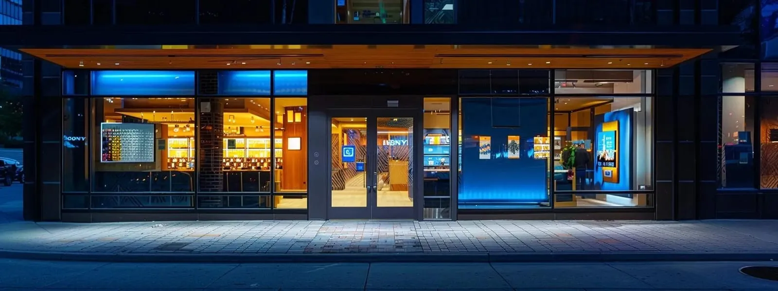 a vividly illuminated storefront showcases a freshly cleaned sign and polished lighting fixtures, emphasizing the transformation of curb appeal with vibrant colors and sharp details against a modern urban backdrop.