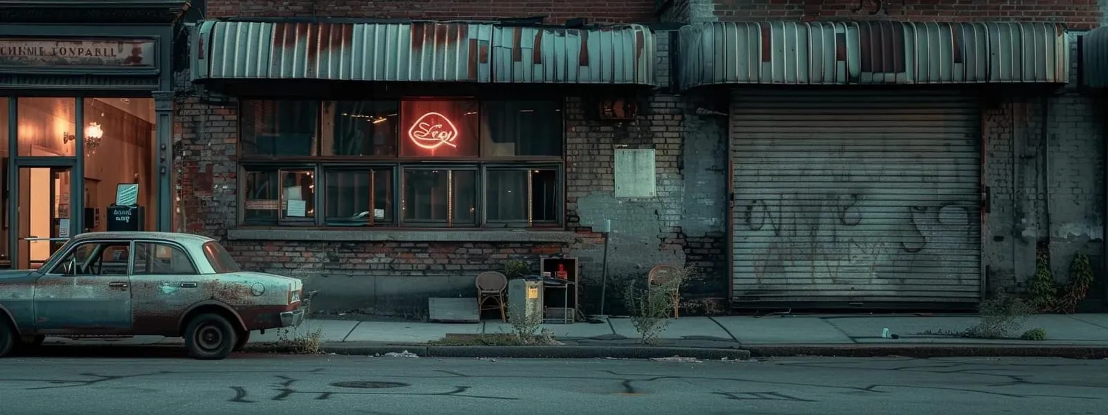 a weathered and grimy business sign sagging in front of a dimly lit service-oriented office, contrasting sharply with a clean, vibrant logo on the adjacent storefront, conveys a powerful message of declining customer trust and professionalism.