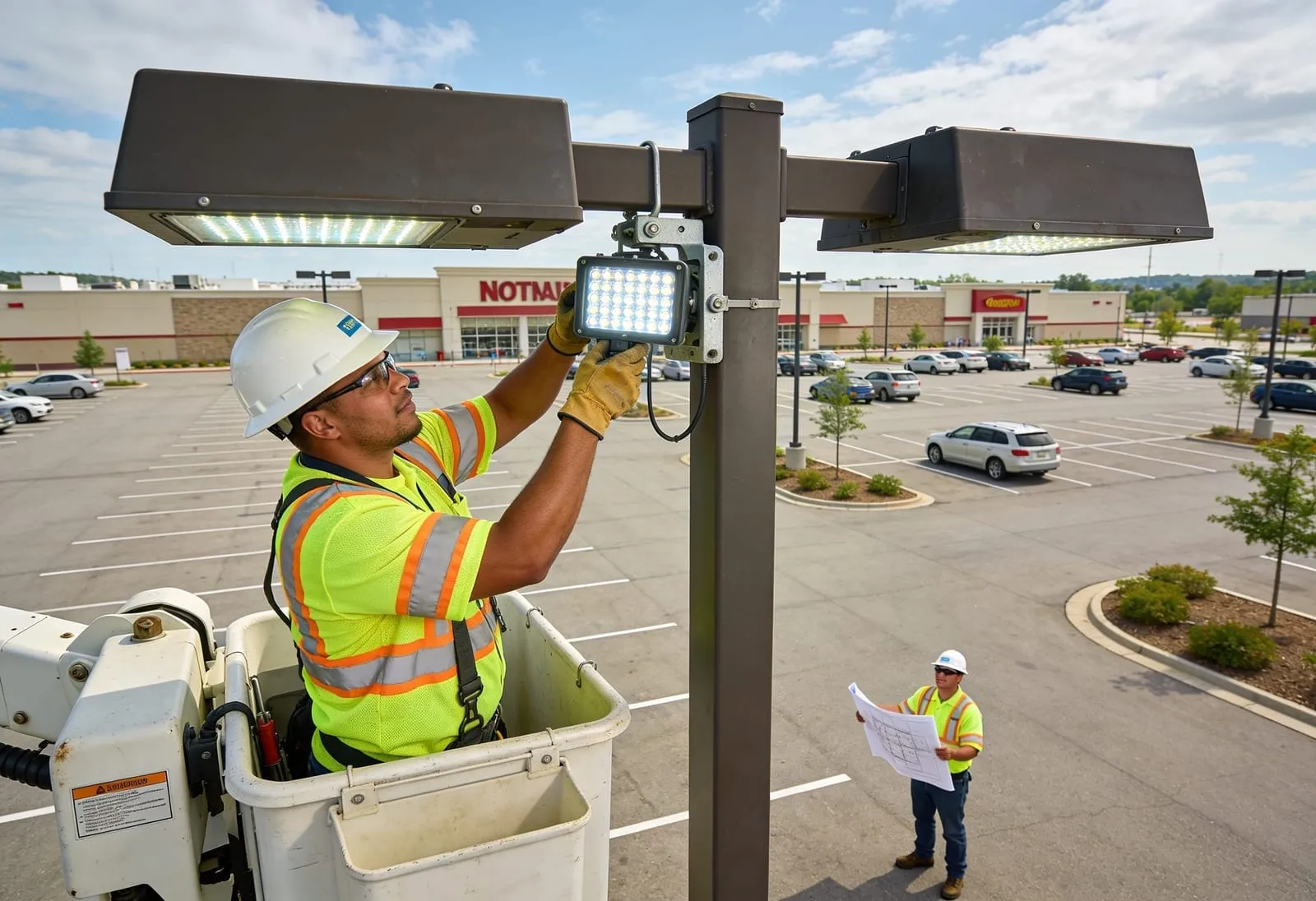 Commercial LED lighting installation technician mounting new pole lights in retail parking lot