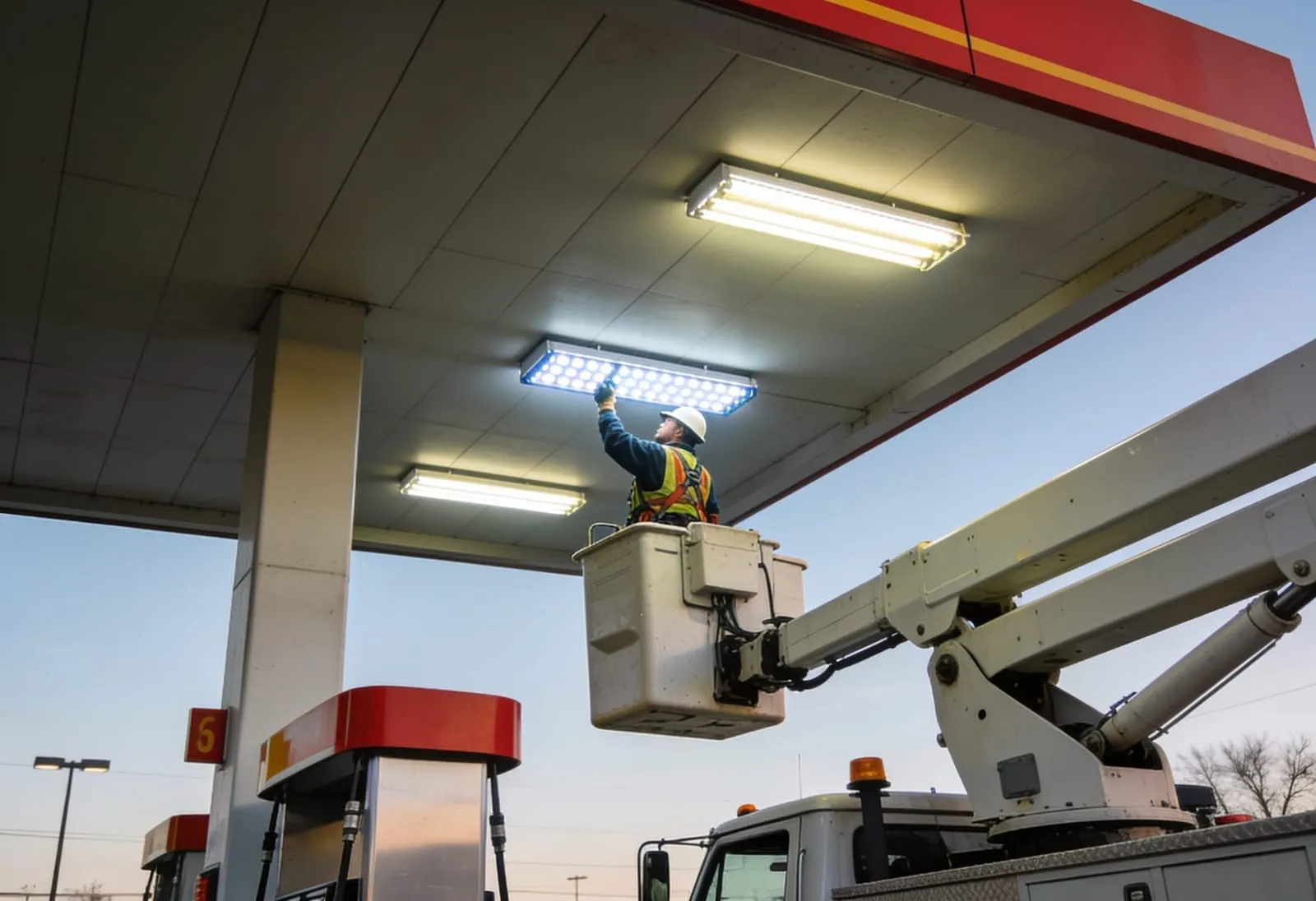 Gas station lighting project: technician on boom lift swapping LED canopy fixtures