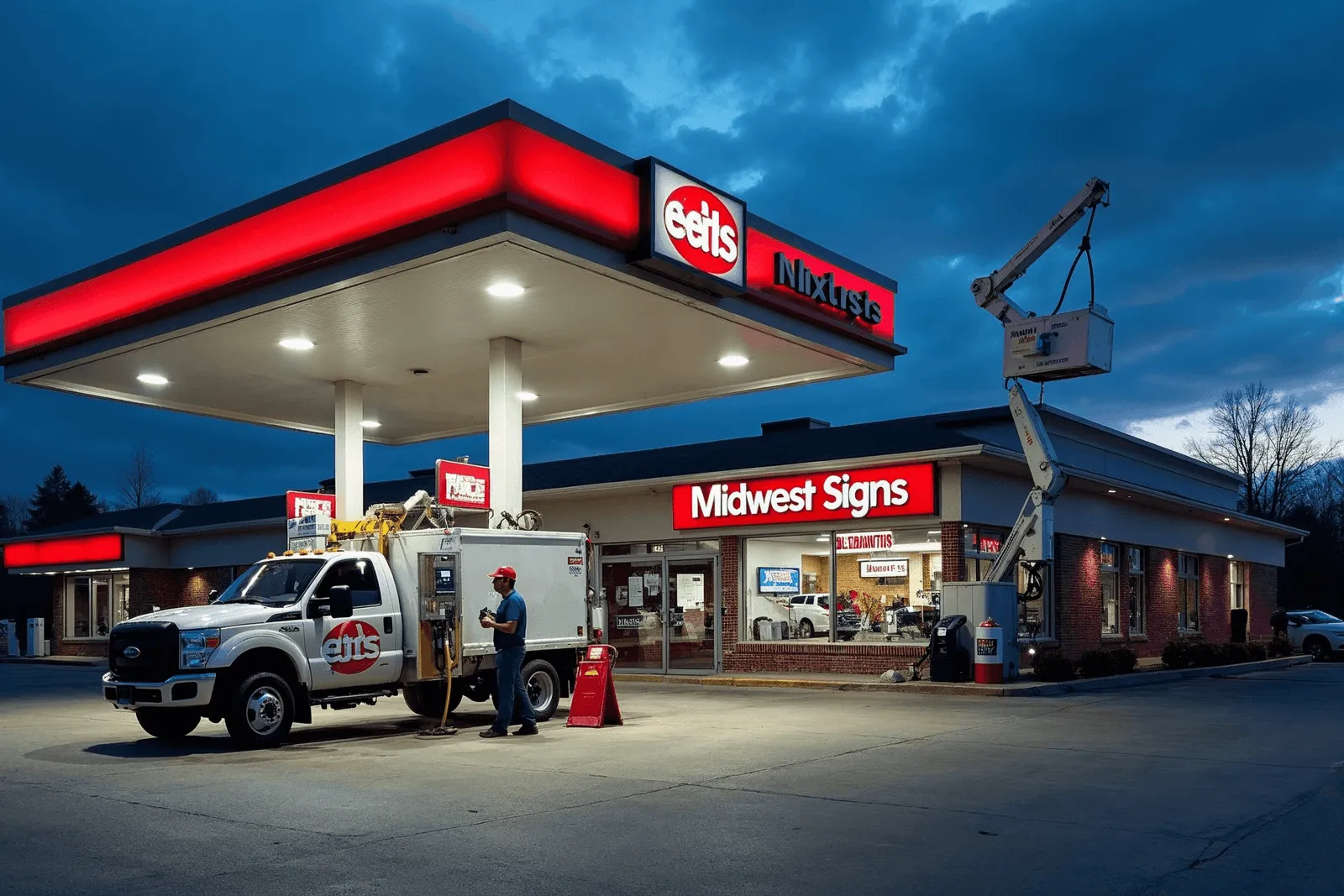 Exterior lighting LED retrofit at gas station canopy showing energy upgrade