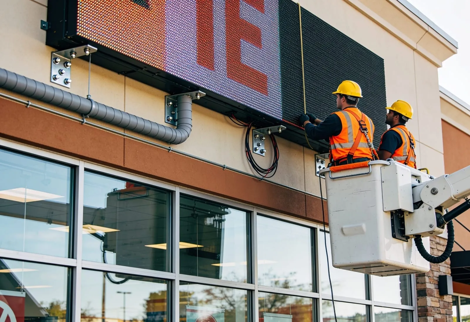 Digital display signs LED module installation showing pixel pitch detail