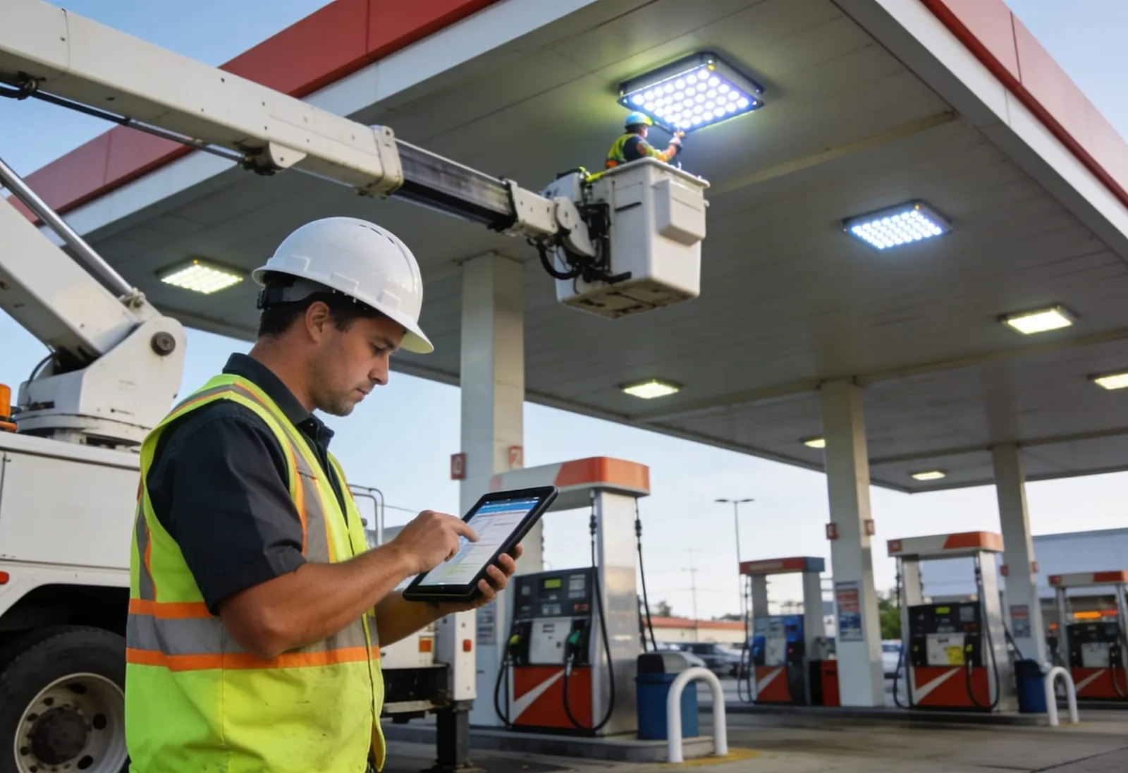 Gas station lighting LED vs fluorescent retrofit comparison under fuel canopy