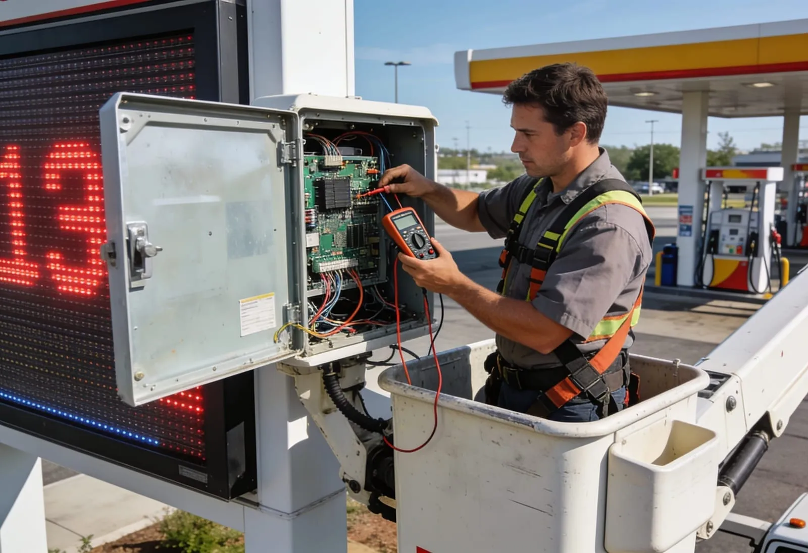 Commercial digital display signs installation showing mounting hardware and electrical infrastructure