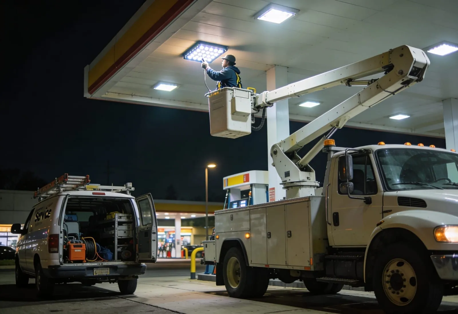 Gas station lighting rollout: technician documenting multi-location LED retrofit on tablet
