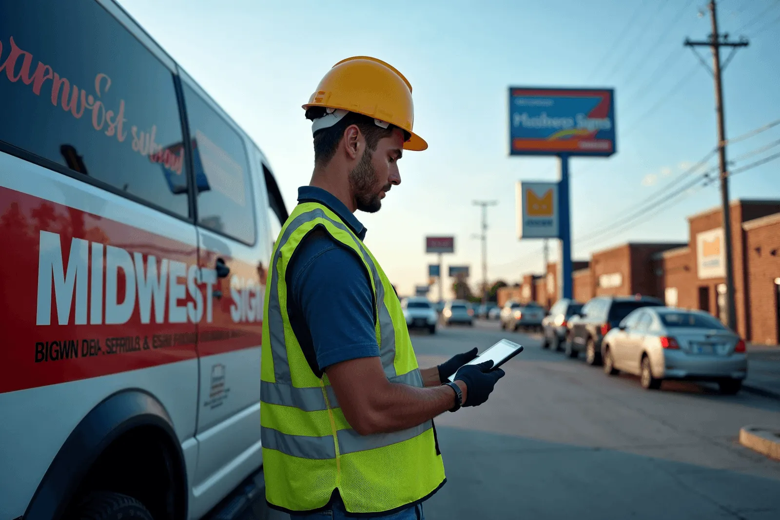 Exterior lighting LED retrofit install: technician handling driver and fixture components