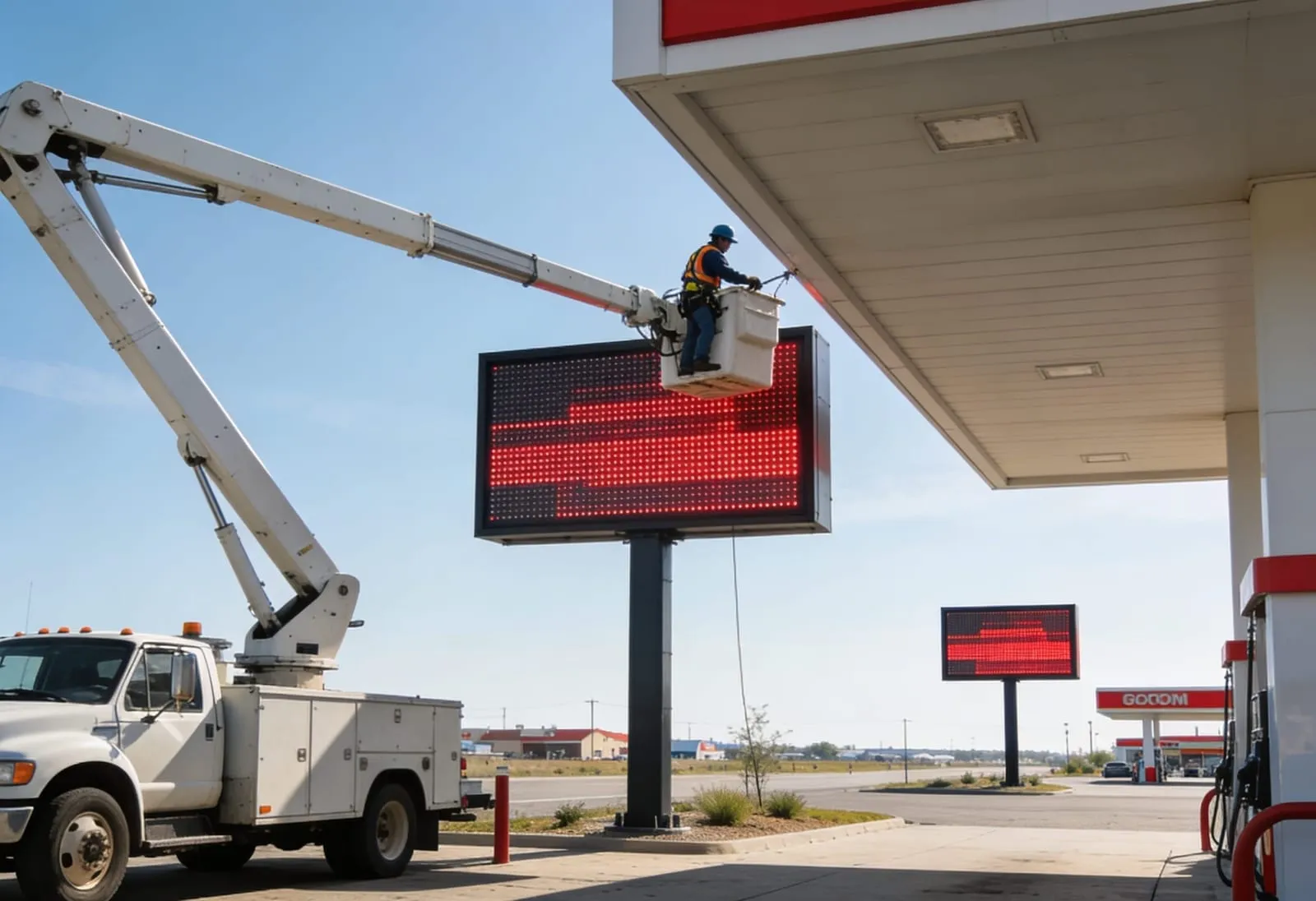 Technician repairing faulty digital display signs at commercial gas station