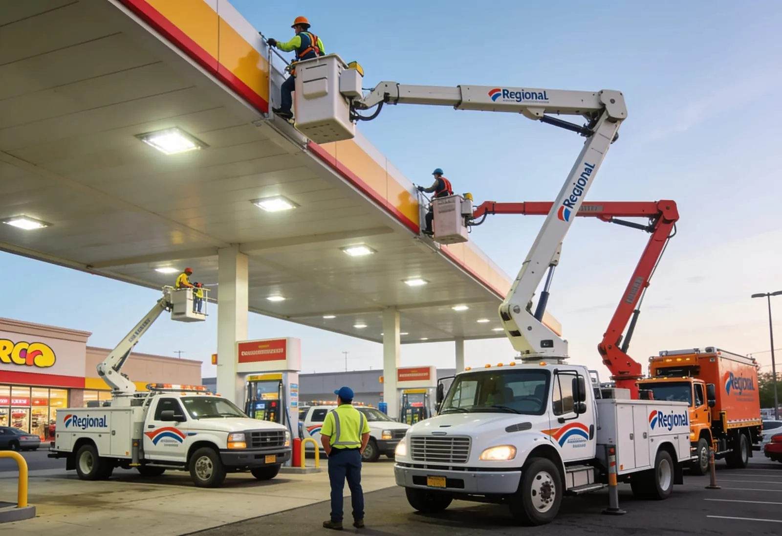 Gas station lighting installation at night: bucket truck and service van under fuel canopy