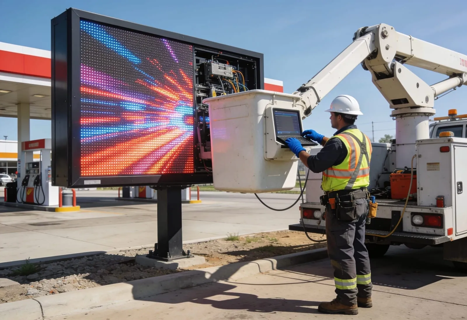 Digital display signs installation by professional crew with bucket truck