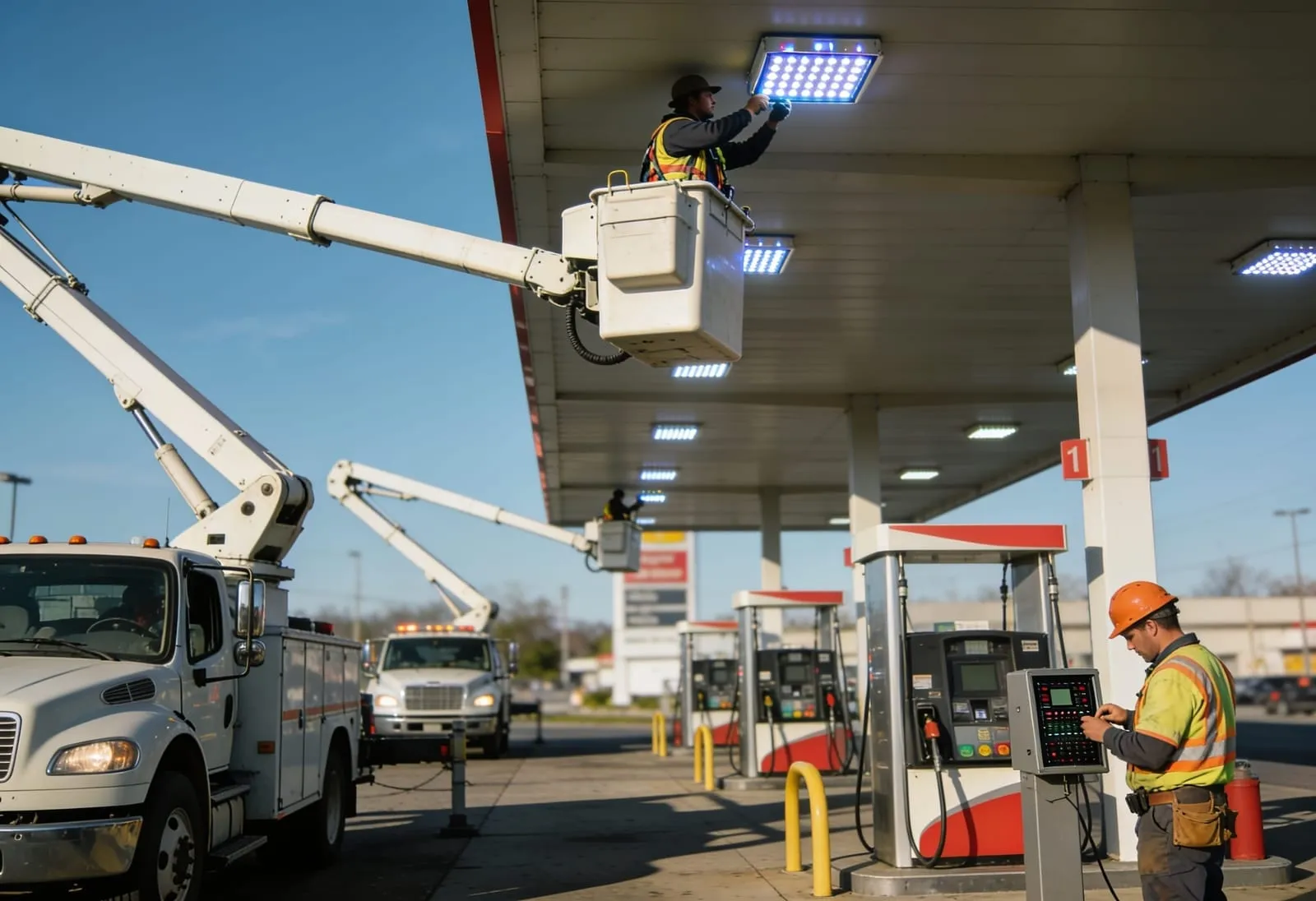 Gas station lighting retrofit crew installing LED fixtures under commercial fuel canopy