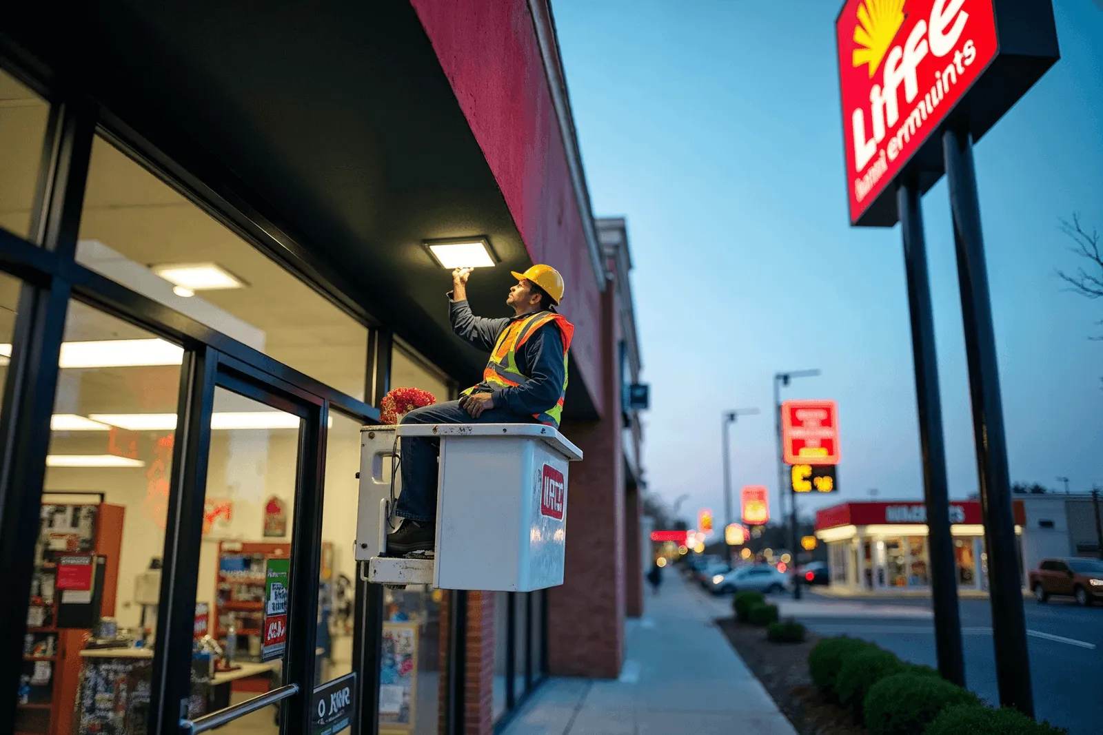 Exterior lighting LED retrofit by Midwest Signs technicians on commercial property