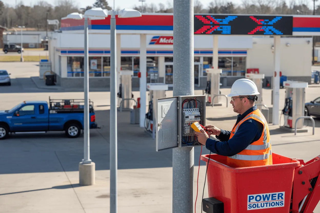 Commercial lighting repair technician inspecting failed parking lot fixture with water damage