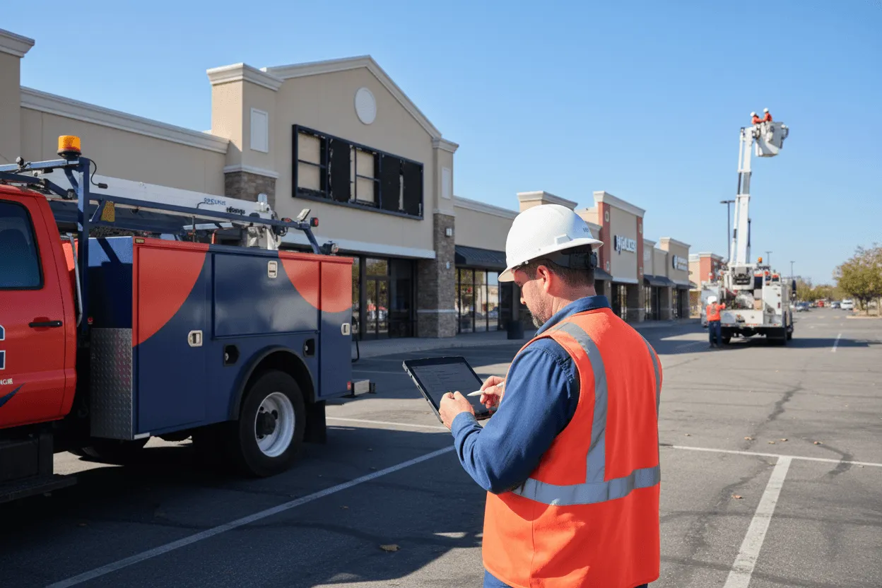 Sign company Indianapolis professional technicians installing LED channel letters on commercial storefront