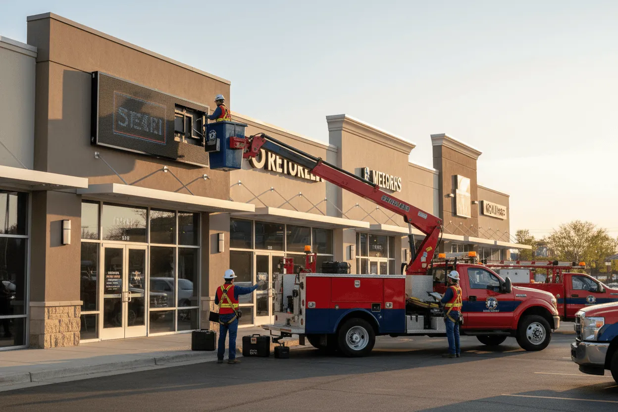 Lighting signage installation Carmel IN expert technician adjusting LED monument sign with specialized equipment