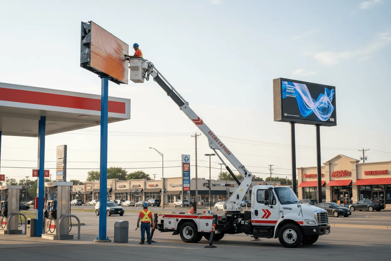 Outdoor monochrome LED sign installation in Indianapolis, IN comparing amber display versus full-color system