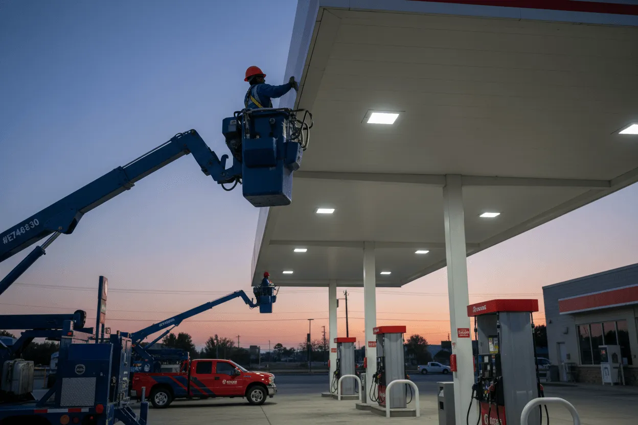 Commercial lighting repair technician testing photocell voltage with multimeter at gas station pole