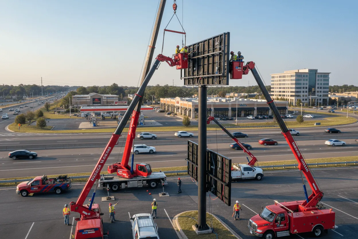 Sign company Indianapolis technician documenting emergency service response time with digital equipment