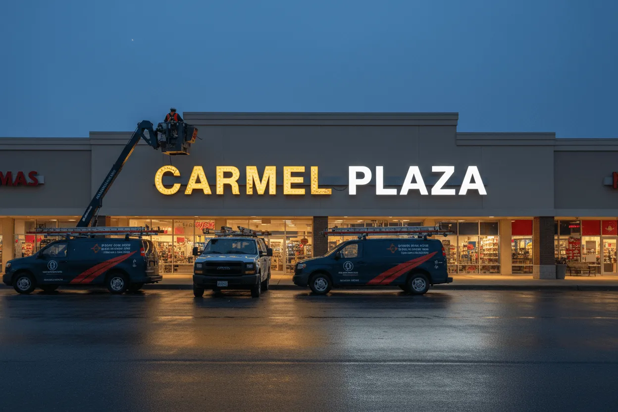 Lighting signage installation Carmel IN service truck and professional crew working at commercial retail location