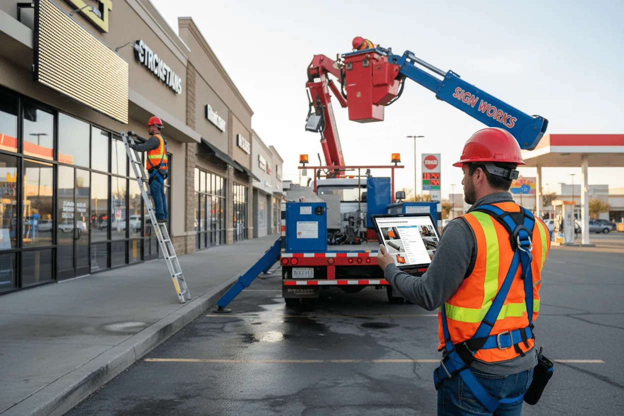 Sign maintenance services in Indianapolis, IN emergency repair of storm-damaged commercial LED display at night