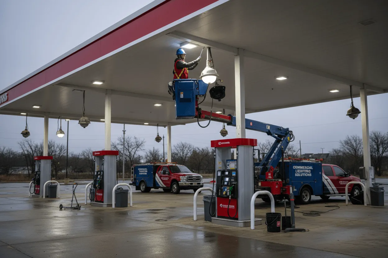 Commercial lighting repair technician fixing failed ballast in gas station canopy