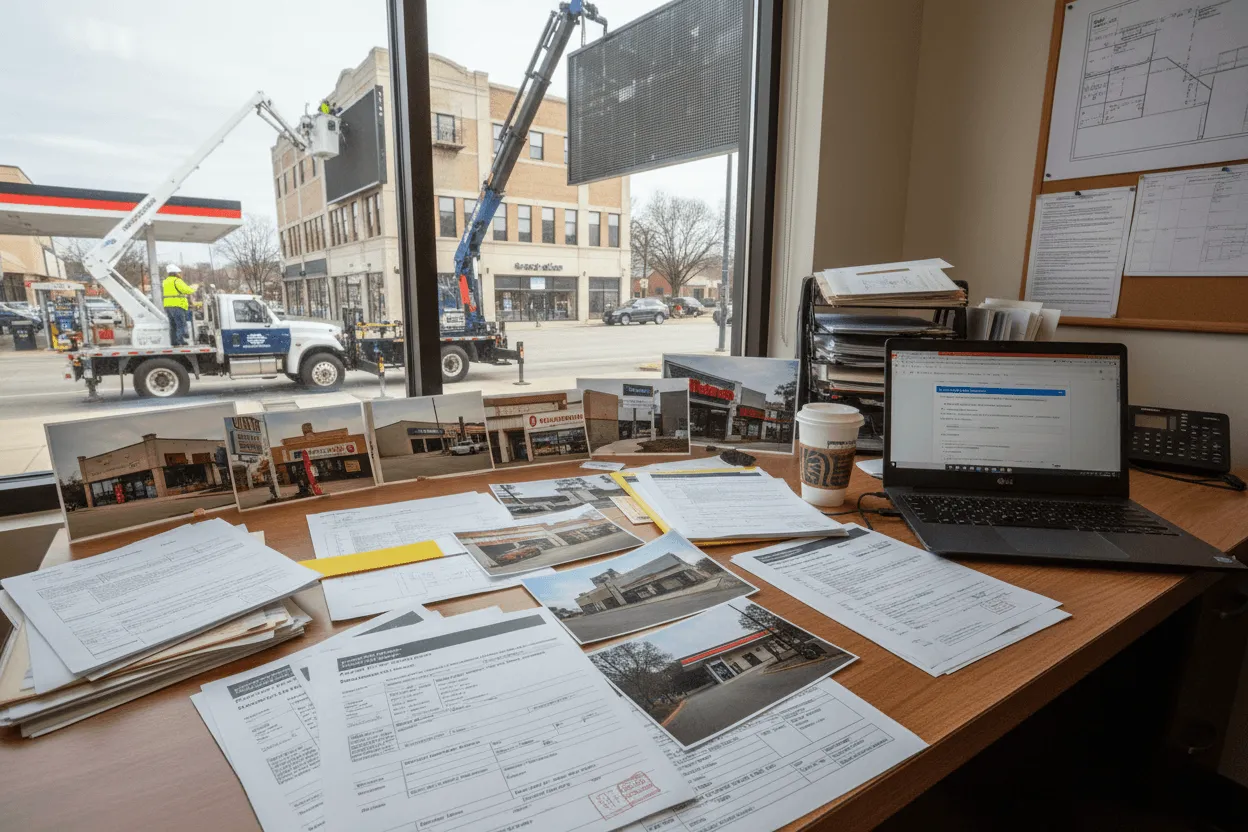 Sign company Indianapolis multi-state pylon installation project with crane trucks and equipment