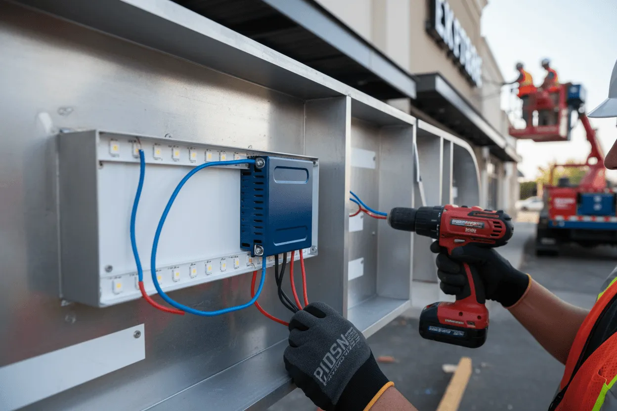 Lighting signage installation Carmel IN LED retrofit comparison showing energy savings on commercial building