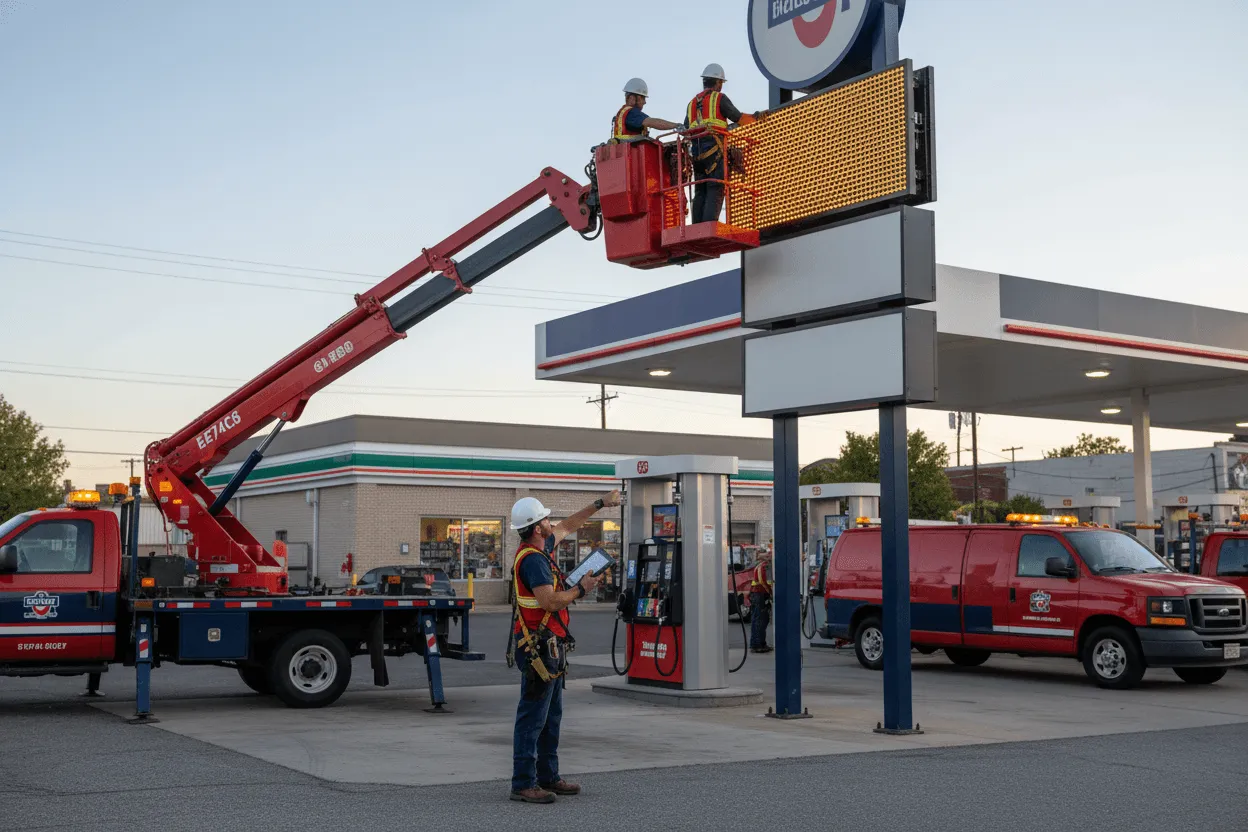 Outdoor monochrome LED sign installation in Indianapolis, IN technicians with bucket truck at gas station project site